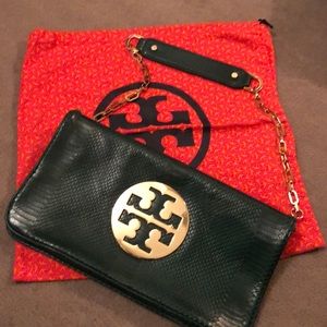 Hunter Green Tory Burch clutch with dust bag